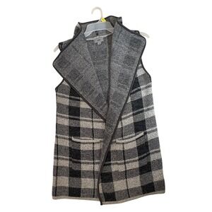 Yaira Plaid‎ Knit Vest Women Large Gray Black Open Front Draped Cardigan